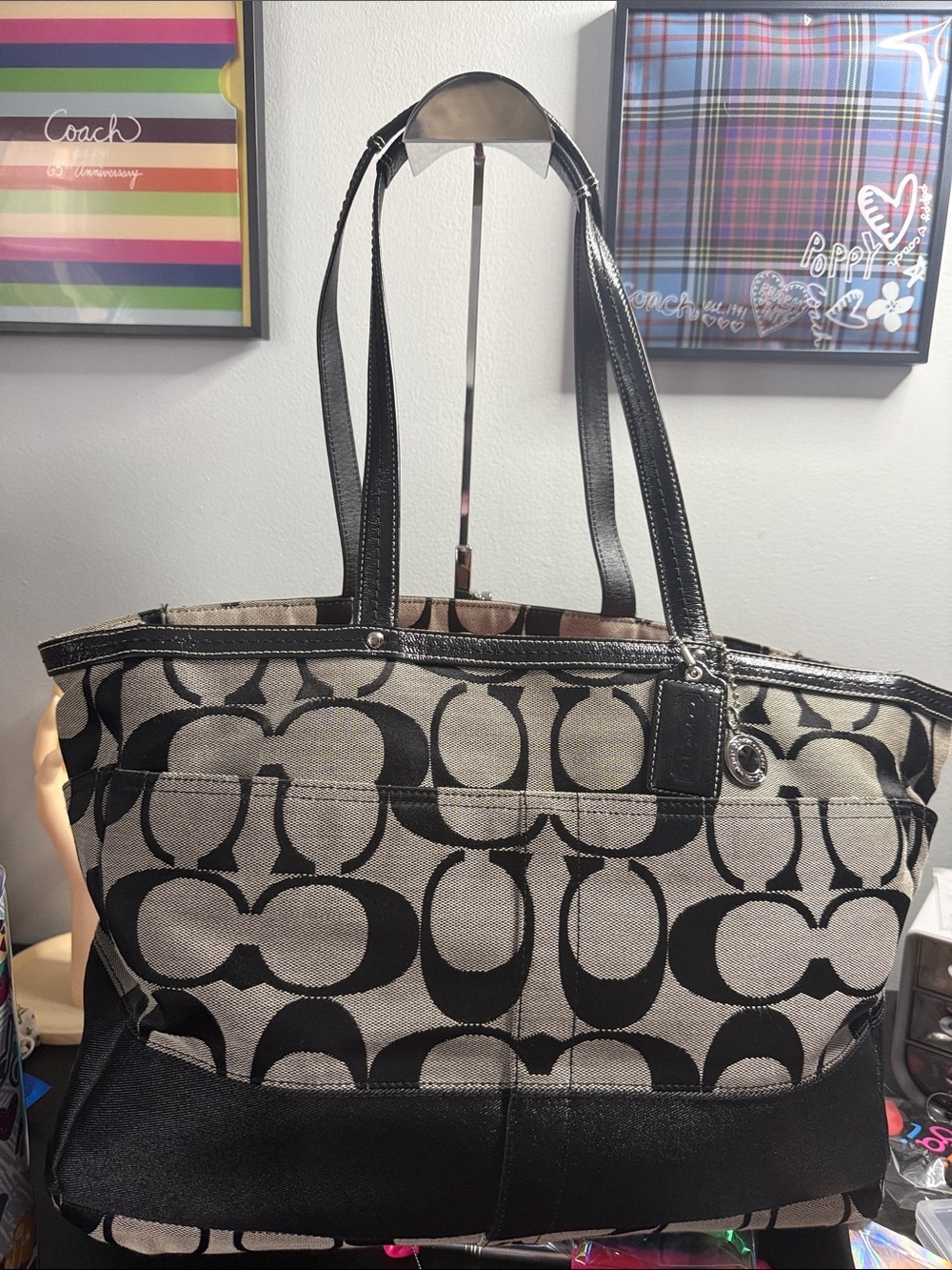 Coach Black and Cream Signature Canvas Tote with Tag and Medallion
